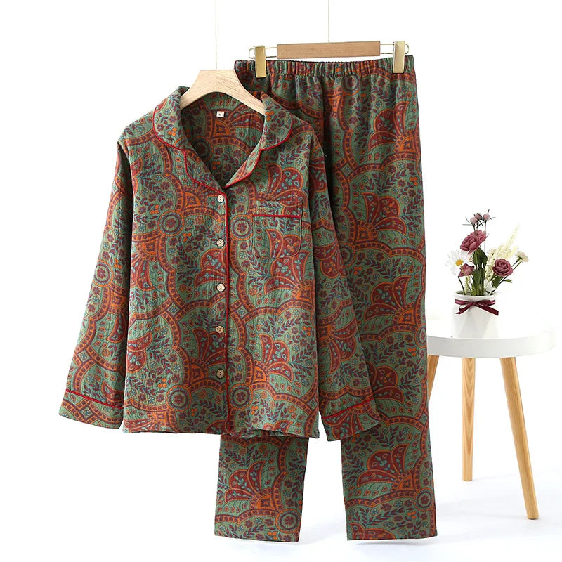 Women’s Autumn Cotton Jacquard Ethnic Print Pajama Set