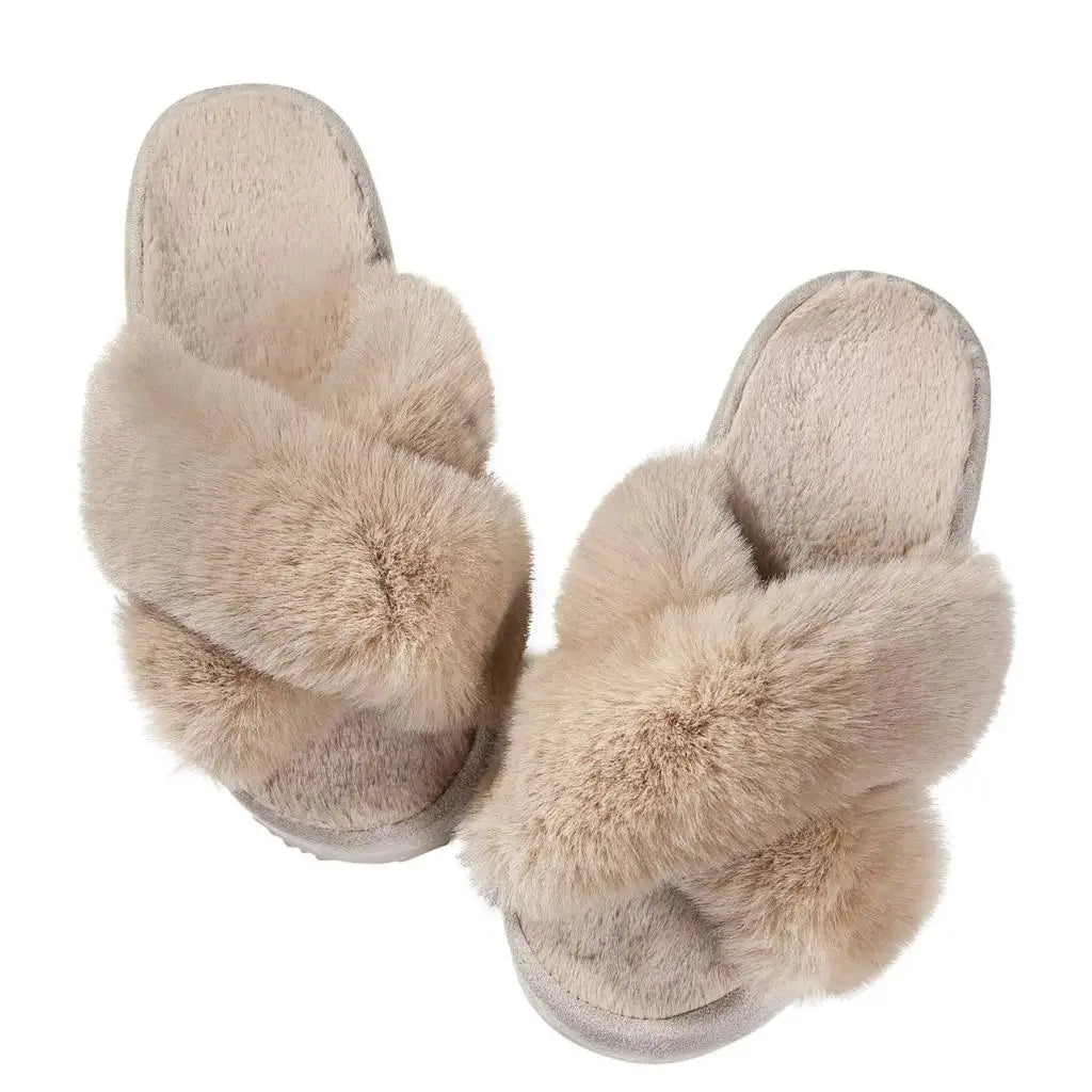 Unisex Fuzzy Cross Band Open Toe Slippers