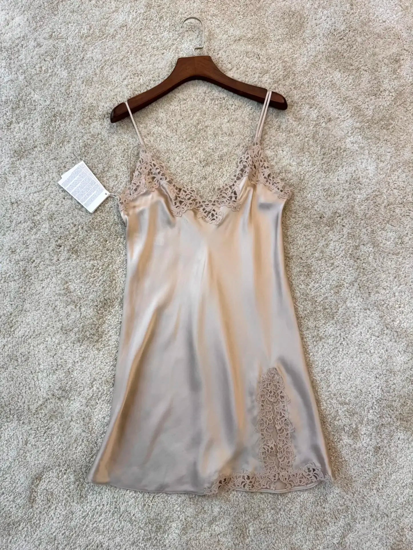 Women Summer Silk V Neck Lace Patchwork Suspender Nightgown Short Dress