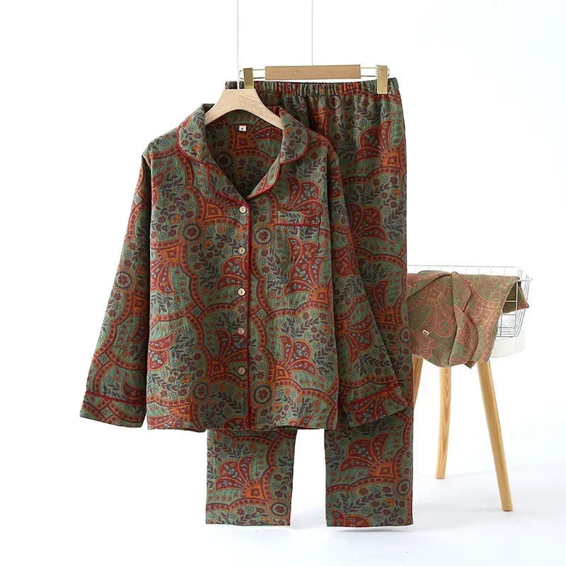 Women’s Autumn Cotton Jacquard Ethnic Print Pajama Set