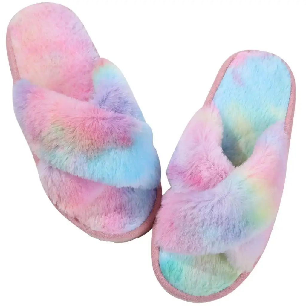 Unisex Fuzzy Cross Band Open Toe Slippers