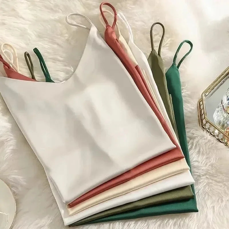 Women Satin Silk Spaghetti Strap Cami Summer Tank Top