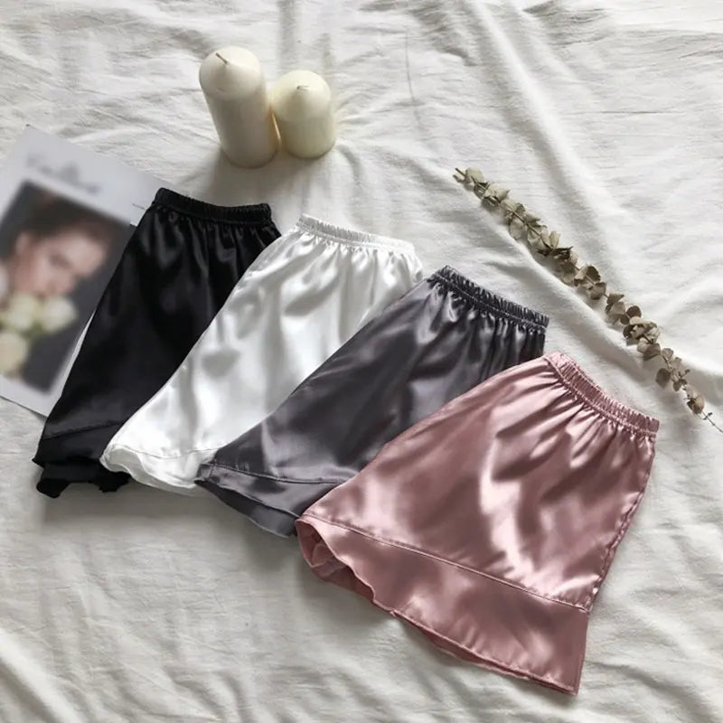 Women Spring Summer Elastic Waist Satin Ruffled Pajama Sleep Shorts