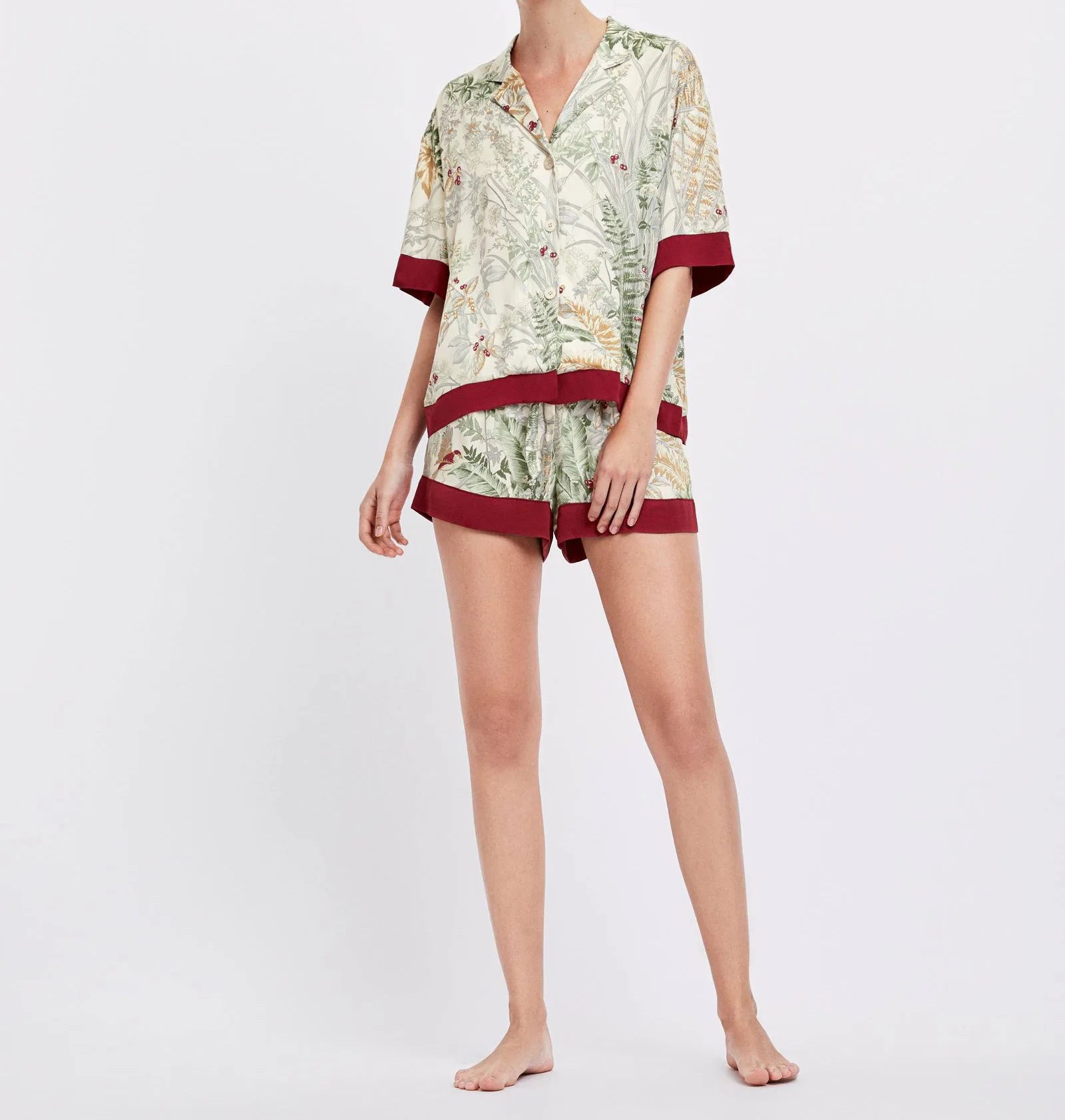 Women Summer Satin Printing Short Sleeve Turn-down Collar Pajama Set