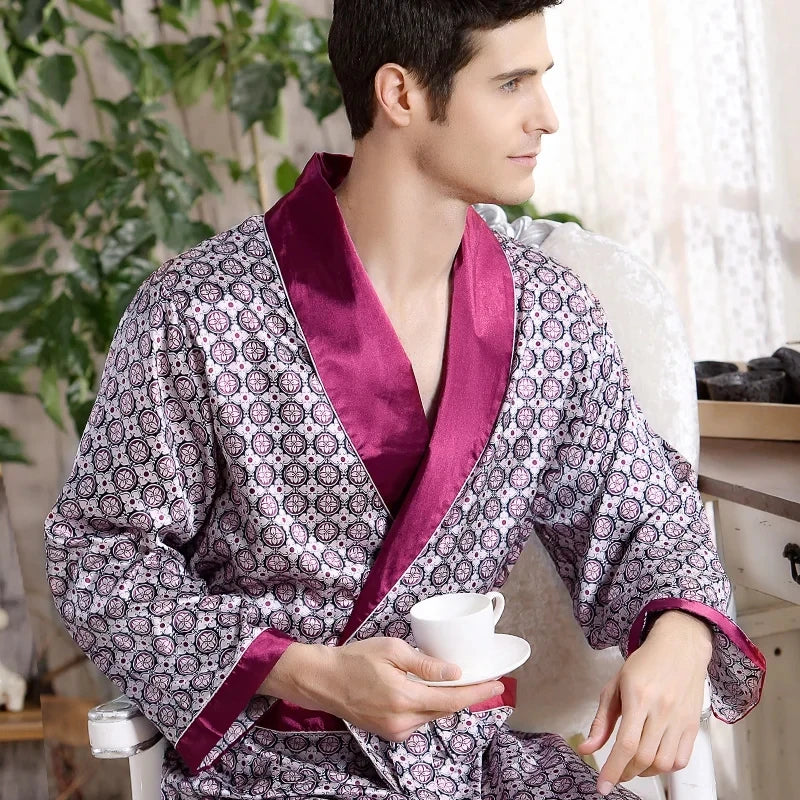 Men’s Satin Silk Geometric Print Robe