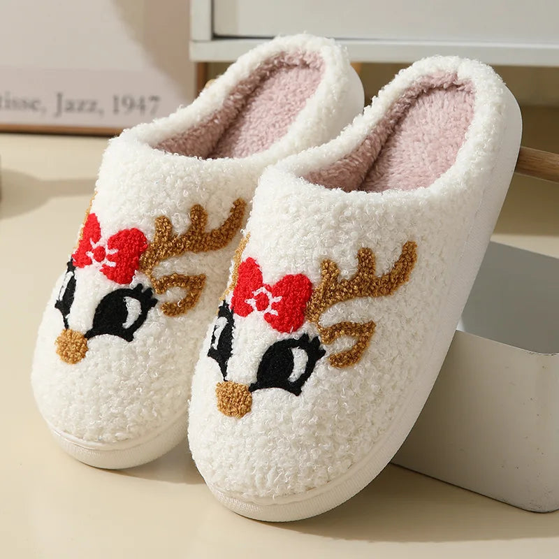 Women Winter Furry Cotton Slippers Indoor Warm Plush Non-Slip House Slides