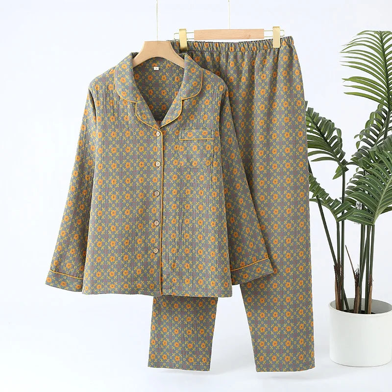 Women’s Autumn Cotton Jacquard Ethnic Print Pajama Set