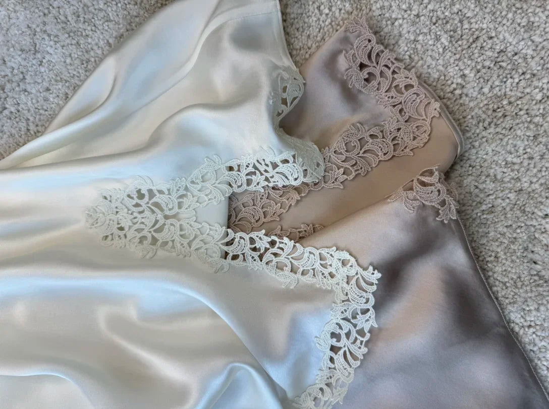 Women Summer Silk V Neck Lace Patchwork Suspender Nightgown Short Dress