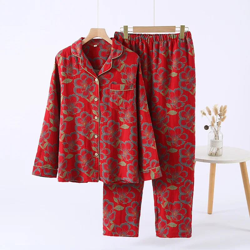 Women’s Autumn Cotton Jacquard Ethnic Print Pajama Set
