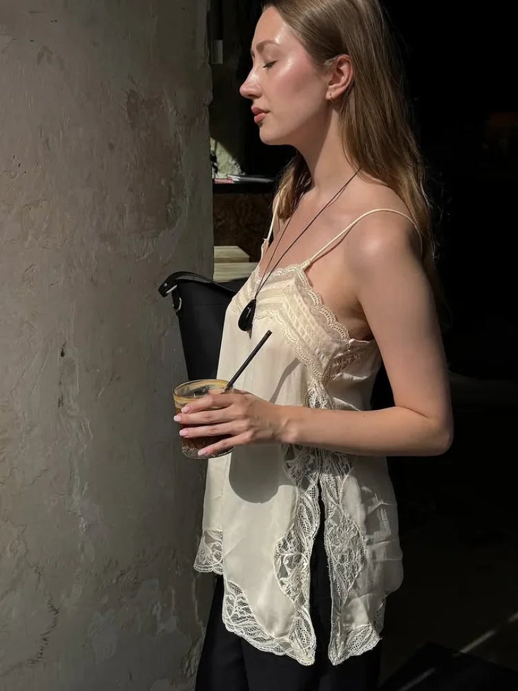 Women Summer Satin Lace Patchwork V Neck Sleeveless Sling Top