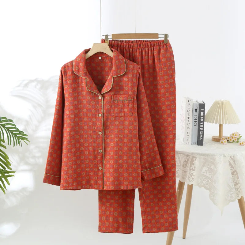 Women’s Autumn Cotton Jacquard Ethnic Print Pajama Set