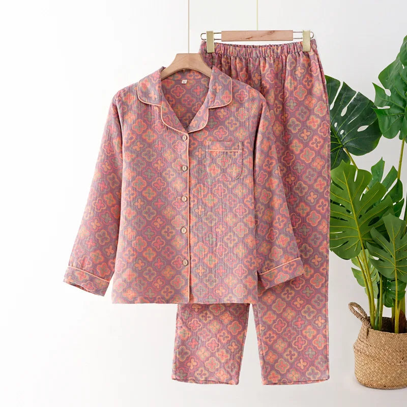 Women’s Autumn Cotton Jacquard Ethnic Print Pajama Set