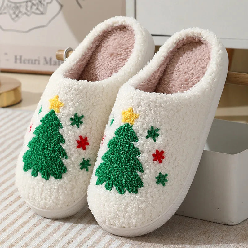 Women Winter Furry Cotton Slippers Indoor Warm Plush Non-Slip House Slides