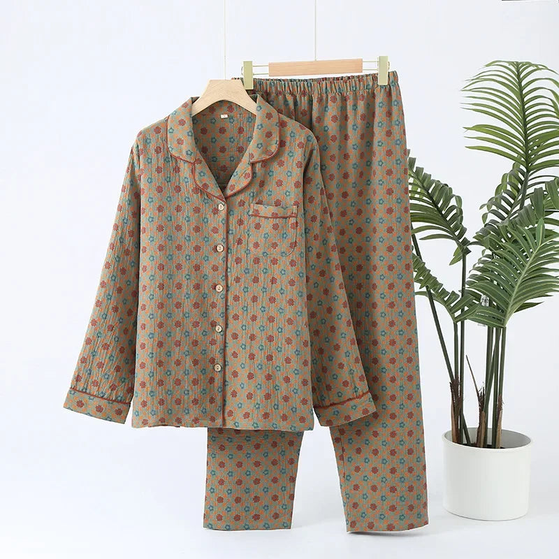 Women’s Autumn Cotton Jacquard Ethnic Print Pajama Set