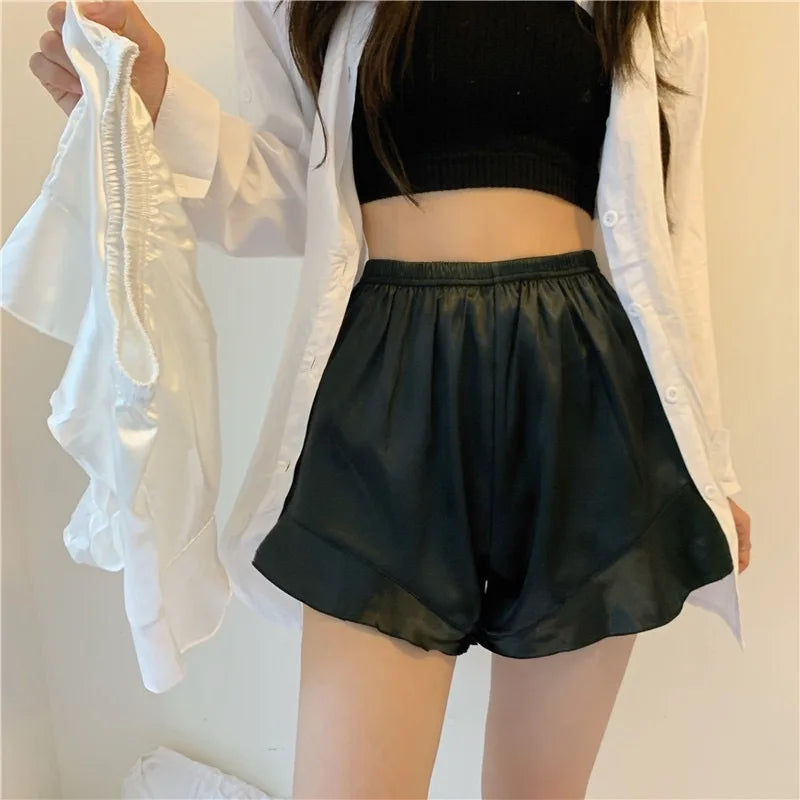 Women Spring Summer Elastic Waist Satin Ruffled Pajama Sleep Shorts