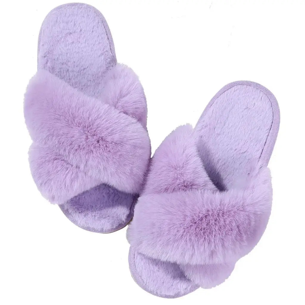 Unisex Fuzzy Cross Band Open Toe Slippers