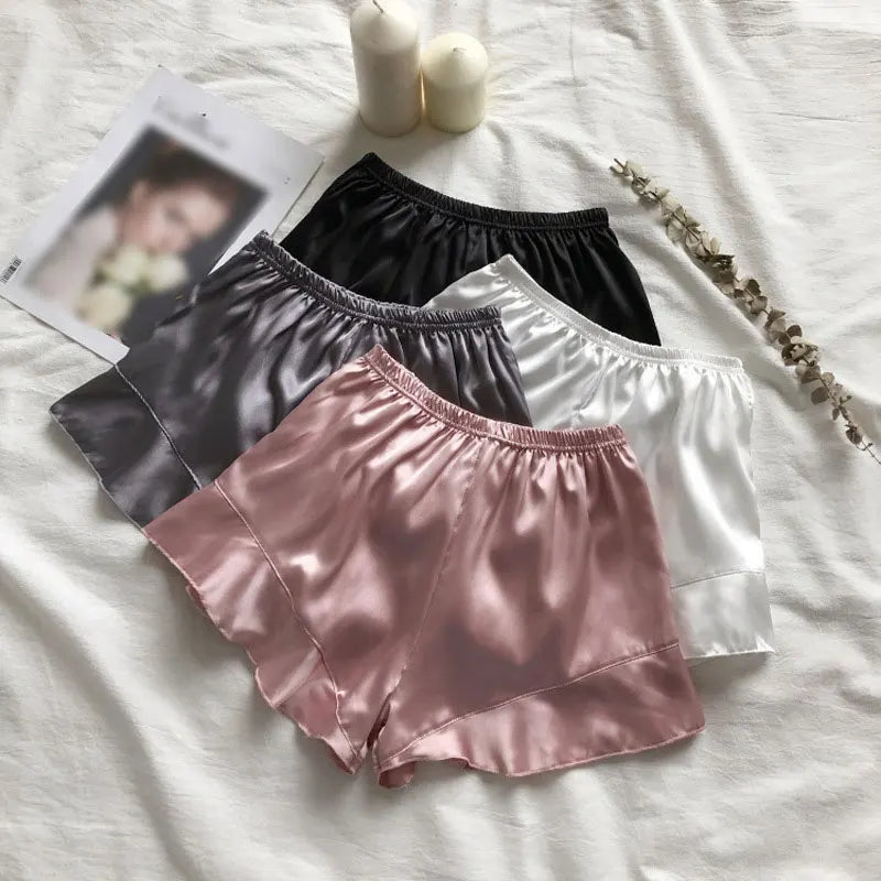 Women Spring Summer Elastic Waist Satin Ruffled Pajama Sleep Shorts