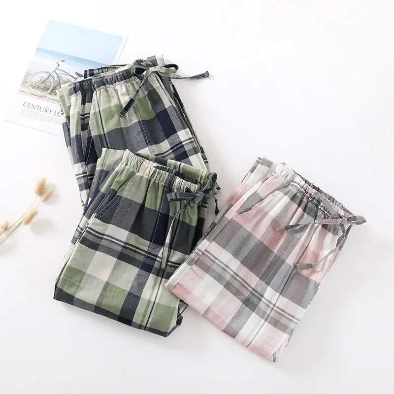 Women’s Cotton Gauze Plaid Pajama Pants – Summer Elastic Waist Lounge Sleepwear