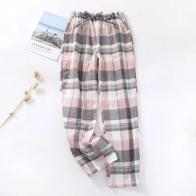 Women’s Cotton Gauze Plaid Pajama Pants – Summer Elastic Waist Lounge Sleepwear