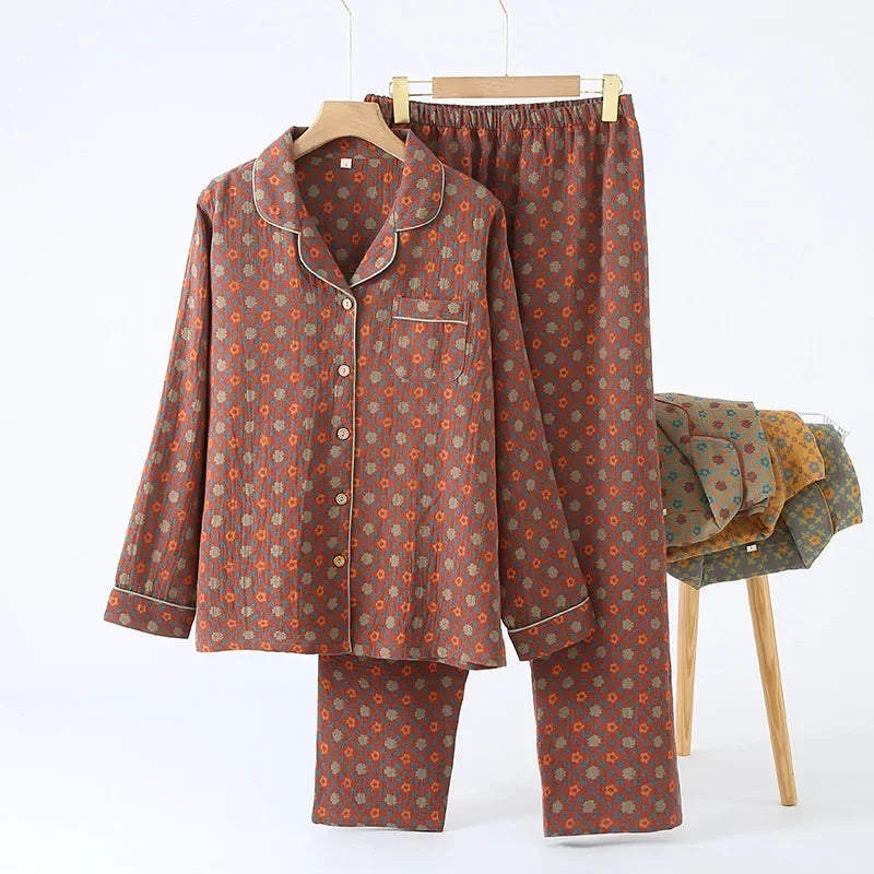 Women’s Autumn Cotton Jacquard Ethnic Print Pajama Set
