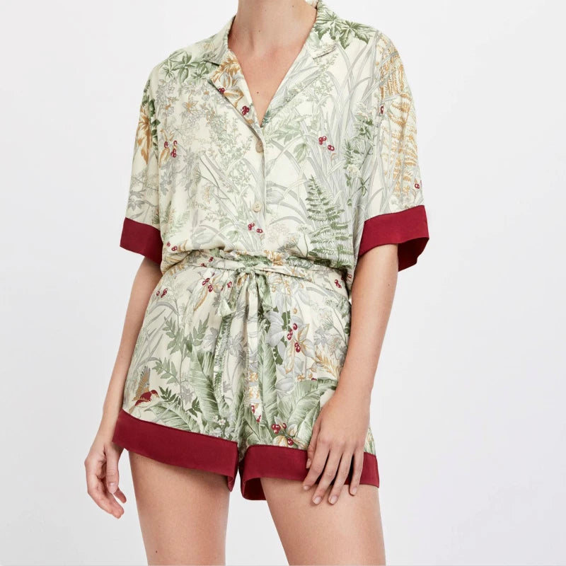 Women Summer Satin Printing Short Sleeve Turn-down Collar Pajama Set