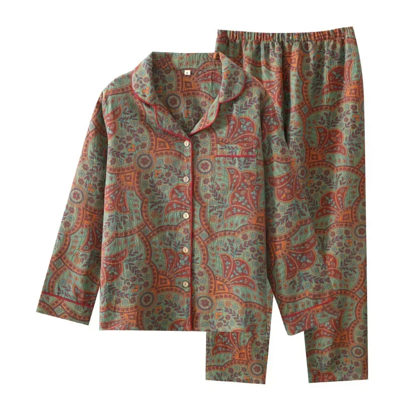 Women’s Autumn Cotton Jacquard Ethnic Print Pajama Set