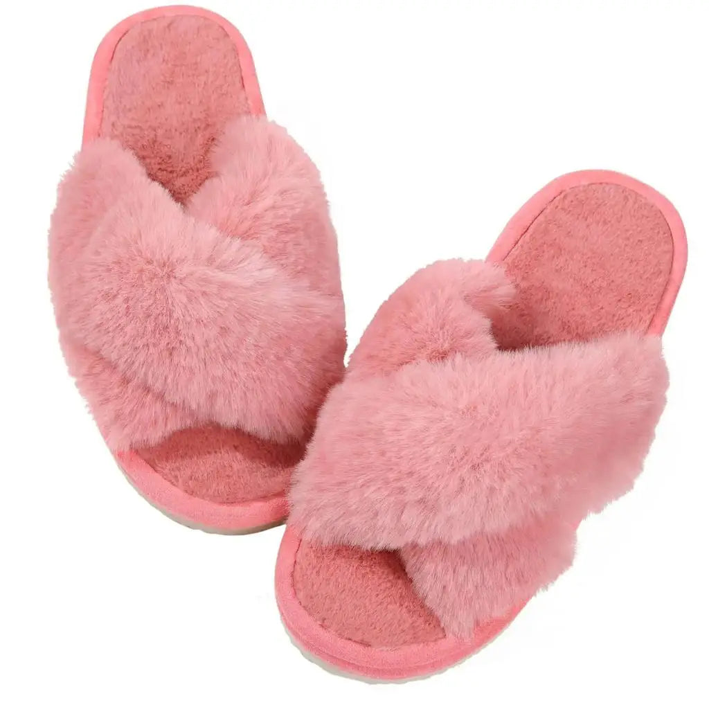 Unisex Fuzzy Cross Band Open Toe Slippers