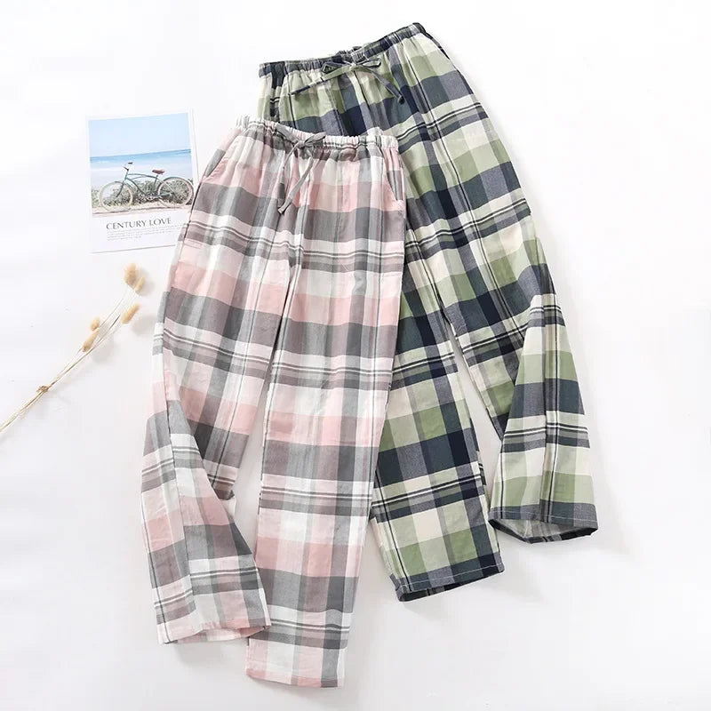 Women’s Cotton Gauze Plaid Pajama Pants – Summer Elastic Waist Lounge Sleepwear