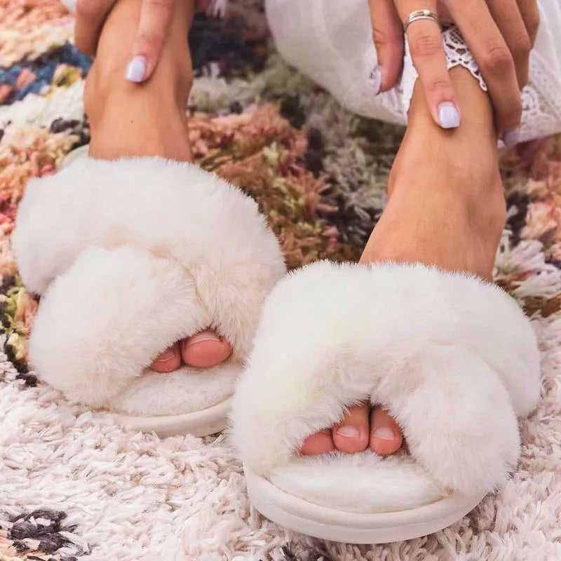 Unisex Fuzzy Cross Band Open Toe Slippers