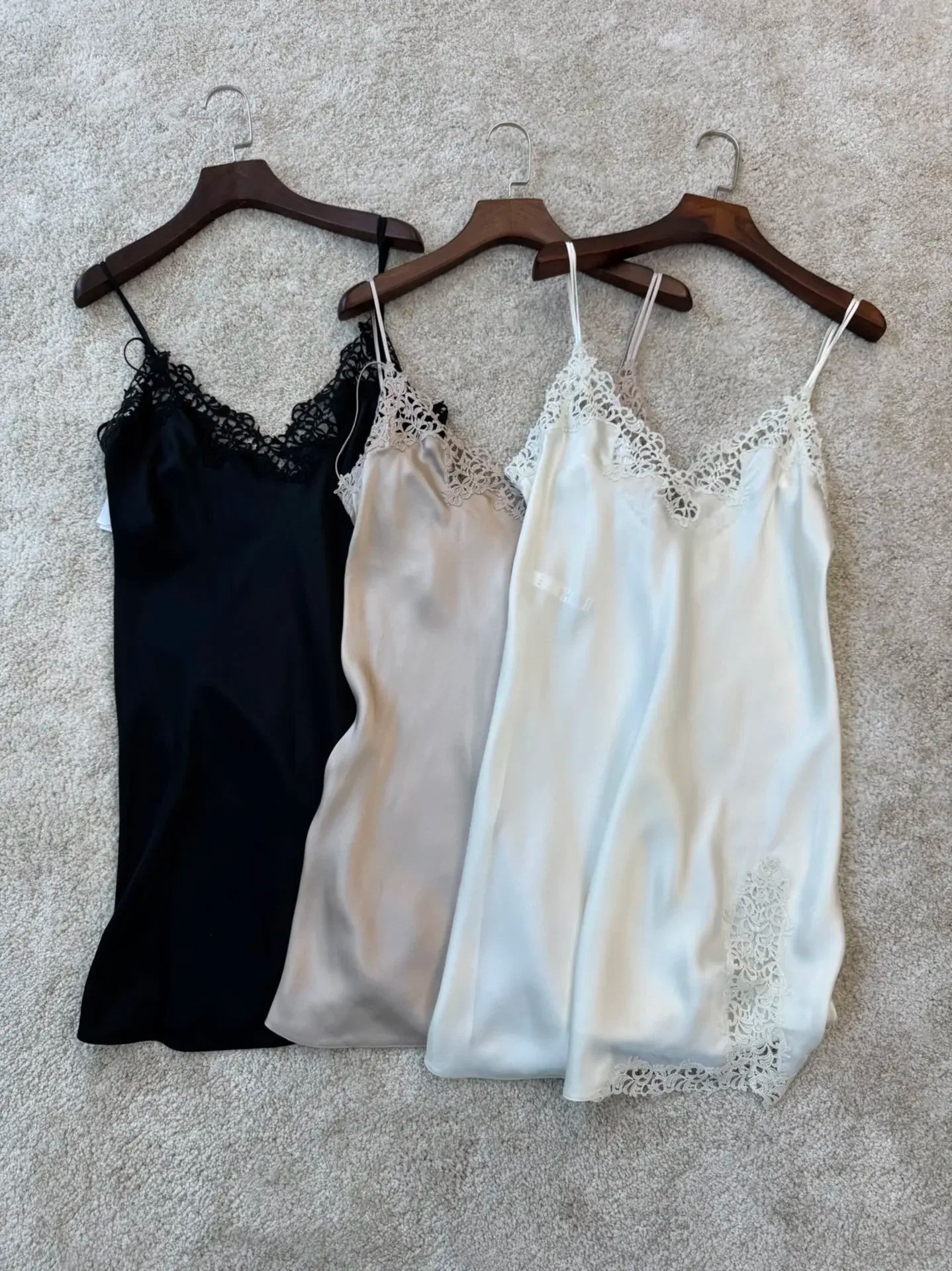 Women Summer Silk V Neck Lace Patchwork Suspender Nightgown Short Dress