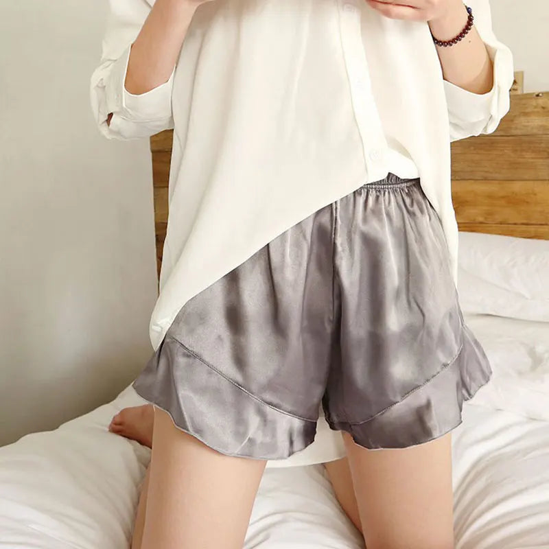 Women Spring Summer Elastic Waist Satin Ruffled Pajama Sleep Shorts