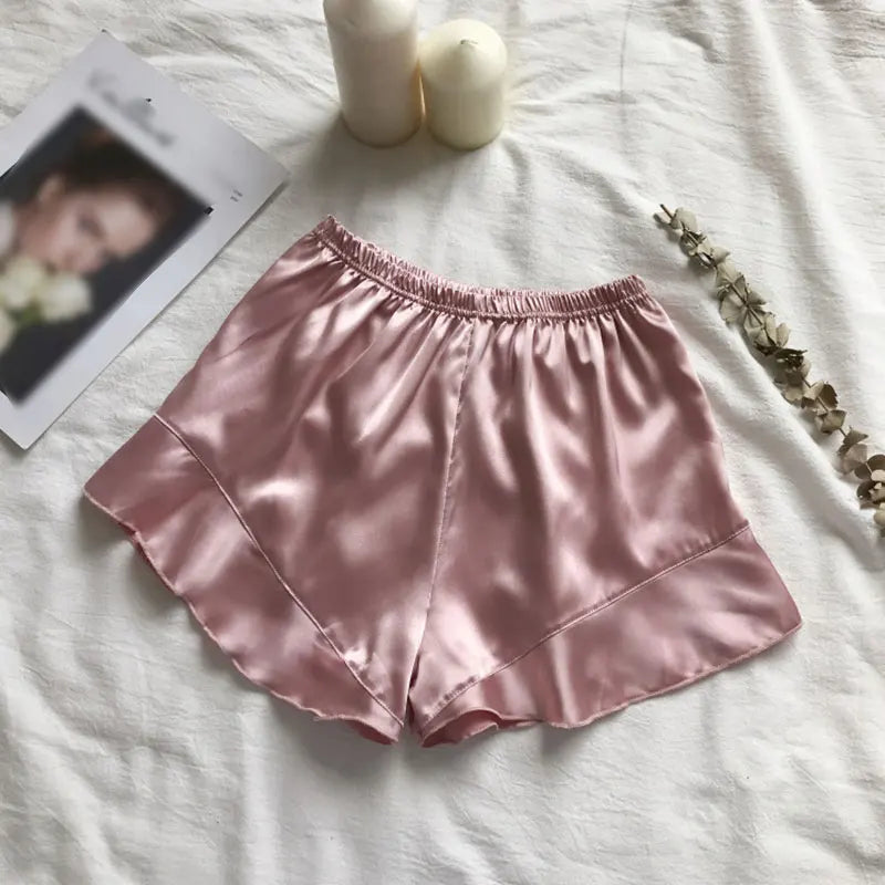 Women Spring Summer Elastic Waist Satin Ruffled Pajama Sleep Shorts