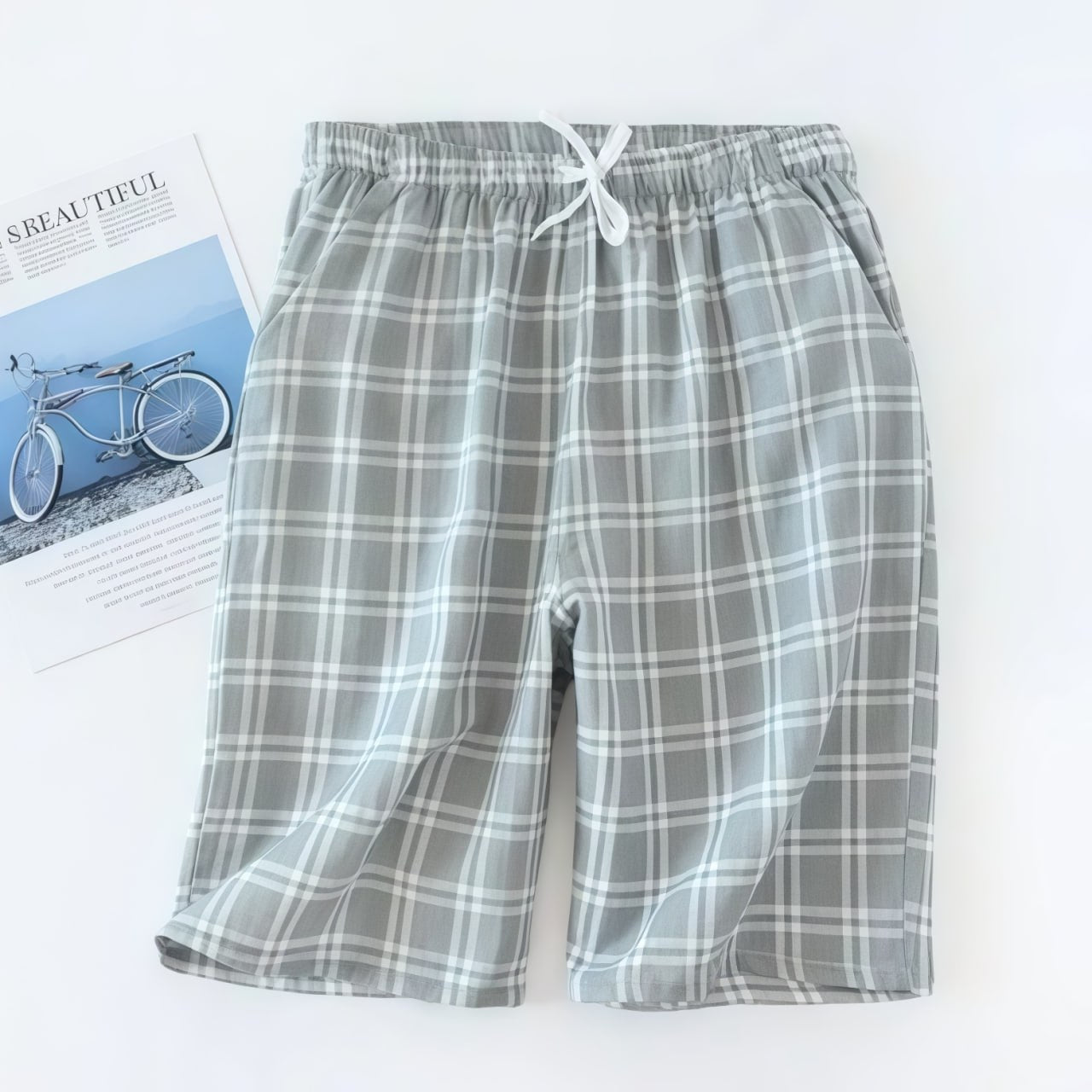 Men’s Summer Cotton Gauze Plaid Sleep Bottoms